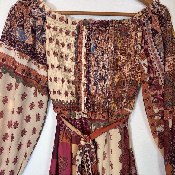 Boho Flowing Cottagecore Patchwork Maxi Dress in Cream, Rust & Gold - Picture 8 of 8